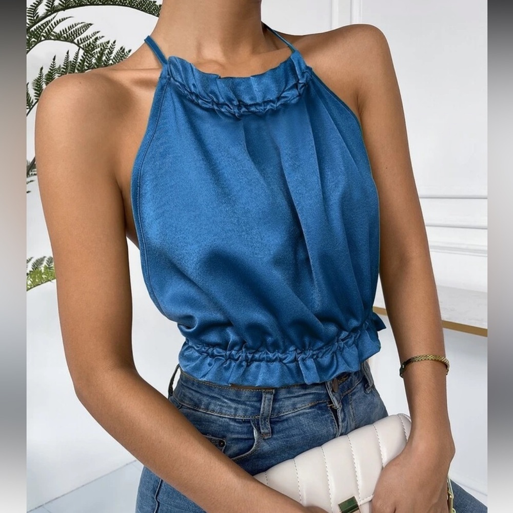Ruffle Satin Open Back Toe Halter Top - Picture 12 of 14